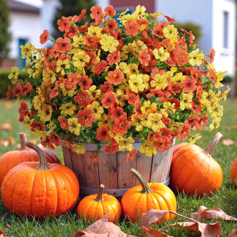 Scidweet 12 Bundles Fake Fall Flowers Autumn Artificial Faux Flowers Outdoors Fall Decorations For Home Garden Yellow Orange