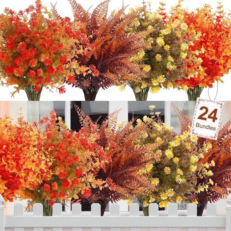 Scidweet 24 Bundles Artificial Fall Flowers Autumn Fake Flowers Fall Decorations for Home Outdoor Garden Harvest Autumn Home Decor