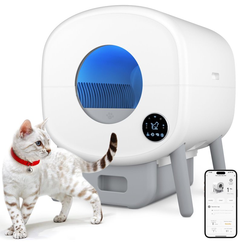 Self Cleaning Litter Box 95 L Automatic Cat Litter Box Self Cleaning For Multiple Cats With Safety Protection App Control 1 Roll Garbage Bags White & Grey