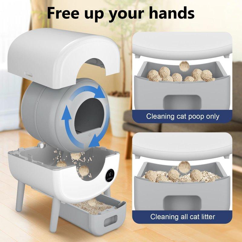 Self Cleaning Litter Box 95 L Automatic Cat Litter Box Self Cleaning For Multiple Cats With Safety Protection App Control 1 Roll Garbage Bags White & Grey
