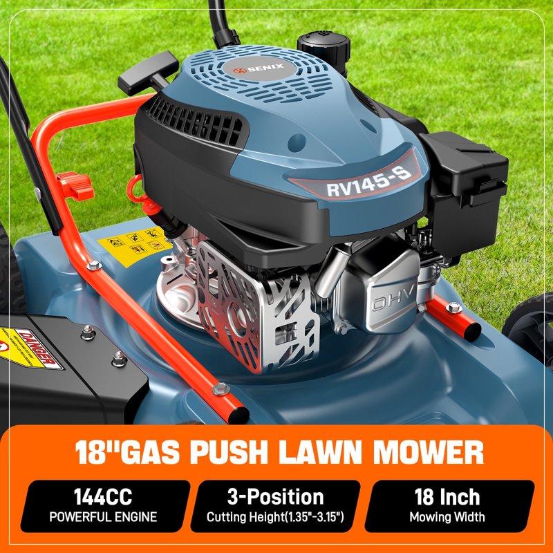 SENIX Gas Lawn Mower 18in Cutting Blade / 19in Cutting Deck 144cc 4-Cycle Engine Push Mower With Side Discharge