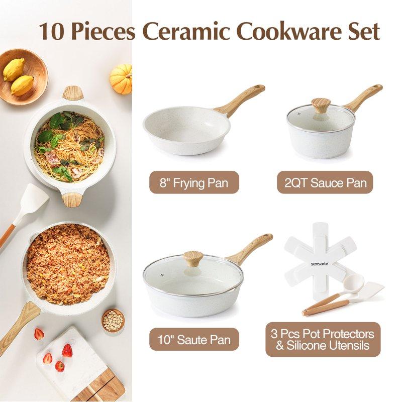 SENSARTE Ceramic Nonstick Pots And Pans Set 10Pcs Healthy Non Stick Cookware Set With Pots Protectors Induction Kitchen Cookware Sets White
