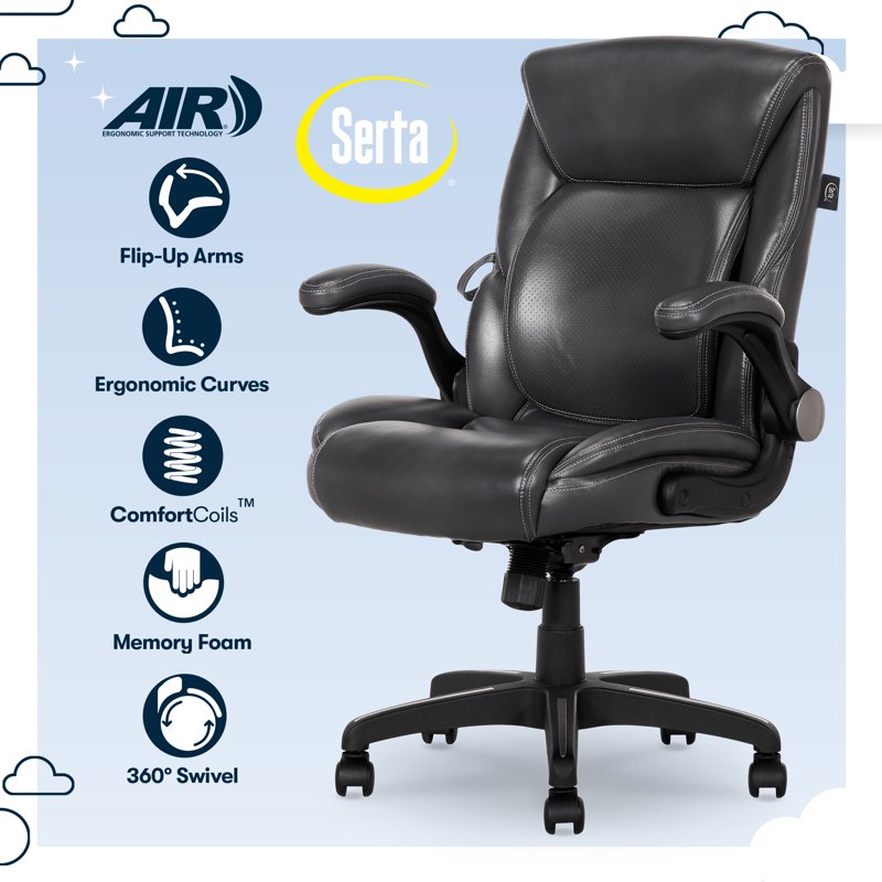 Serta Air Lumbar Bonded Leather Manager Office Chair Gray Faux Leather