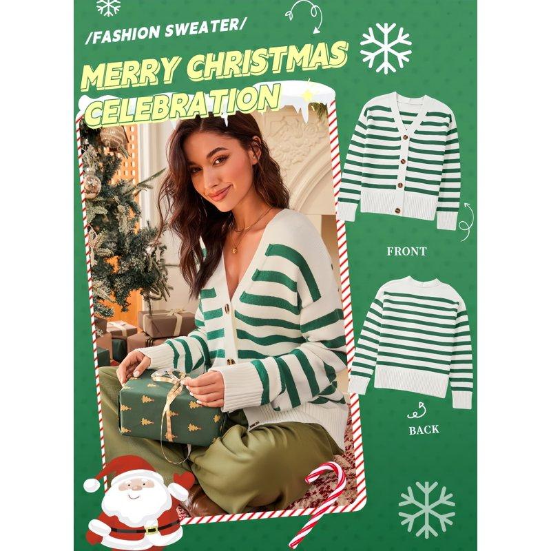 SHEWIN Womens Cardigan Casual Button Down Color Block Striped V Neck Open Front Knit Fall Sweaters Green Stripe
