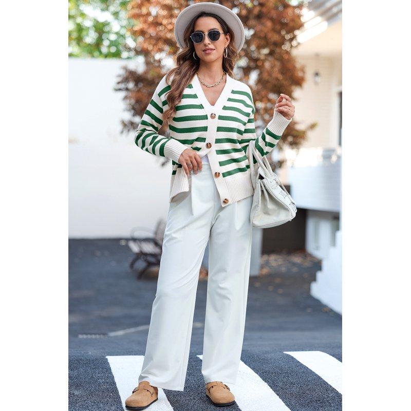 SHEWIN Womens Cardigan Casual Button Down Color Block Striped V Neck Open Front Knit Fall Sweaters Green Stripe
