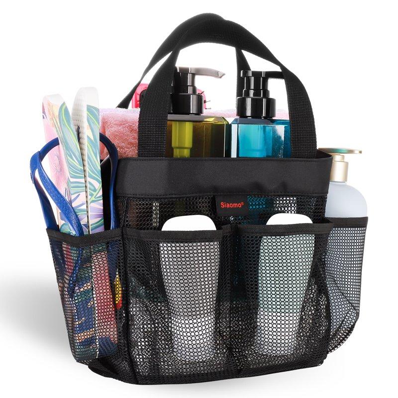 Siaomo Natural Mesh Shower Caddy Portable Tote Bag For College Dorm Essentials Bathroom Gym Camp Travel Hanging Caddy Basket Quick Dry Toiletry Bag (8-Pockets Black)