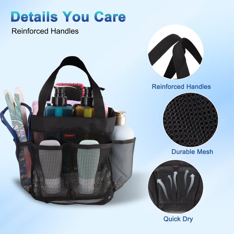 Siaomo Natural Mesh Shower Caddy Portable Tote Bag For College Dorm Essentials Bathroom Gym Camp Travel Hanging Caddy Basket Quick Dry Toiletry Bag (8-Pockets Black)