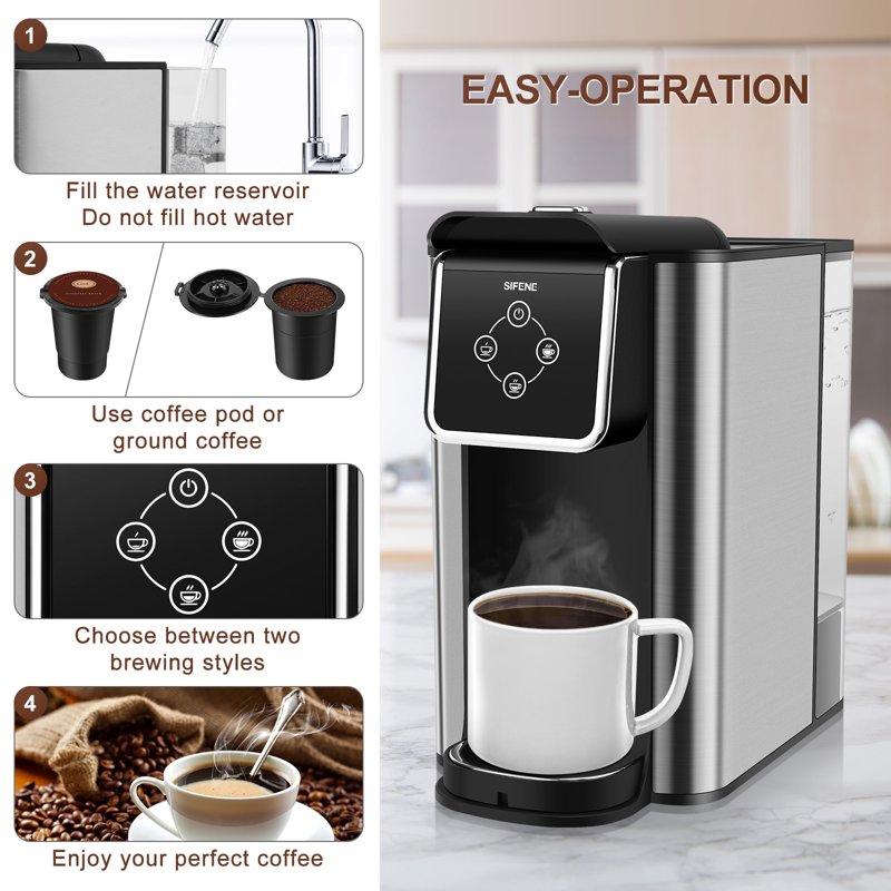 SIFENE 3 In 1 Single Serve Coffee Maker: Coffee Machine Compatible With K Cup Capsules & Grounds Instant Coffee Pot Tea Maker Brewer - Removable 50 Oz Water Reservoir 120V 1150W Black