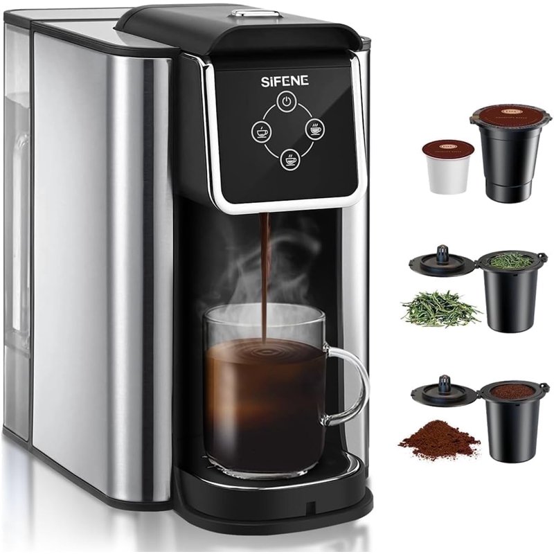 SIFENE 3 in 1 Single Serve Coffee Maker: Coffee Machine Compatible with K Cup Capsules & Grounds Instant Coffee Pot Tea Maker Brewer - Removable 50 Oz Water Reservoir 120V 1150W Black