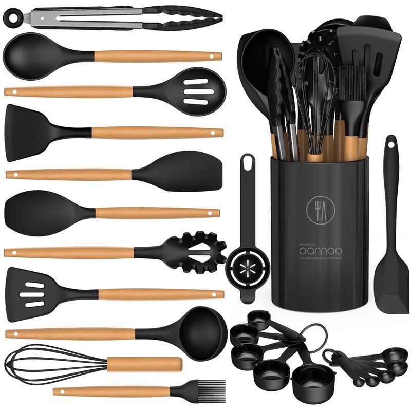 Silicone Cooking Utensils Set - Silicone Kitchen Utensils For Cooking Wooden Handles 446°F Heat Resistant Kitchen Utensil Spatula Sets W Holder Gadgets For Non-Stick Cookware BPA FREE (Black)