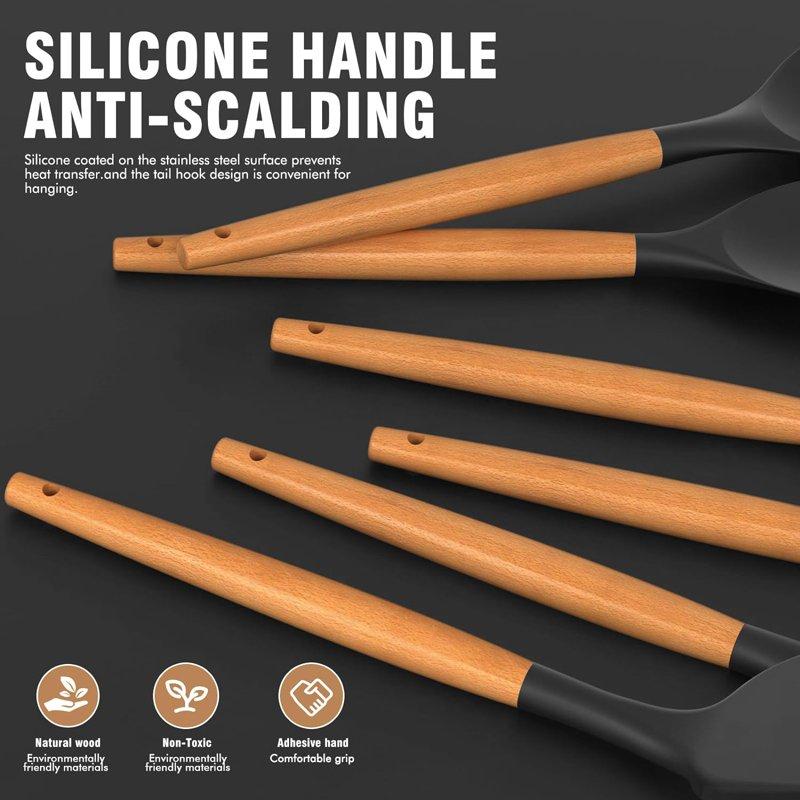 Silicone Cooking Utensils Set - Silicone Kitchen Utensils For Cooking Wooden Handles 446°F Heat Resistant Kitchen Utensil Spatula Sets W Holder Gadgets For Non-Stick Cookware BPA FREE (Black)