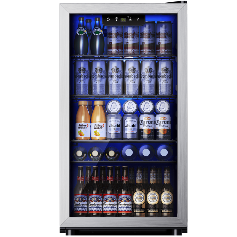 Simzlife 130 Can Beverage Refrigerator And Cooler With Glass Door For Home 17.3 In D 31.3 In H Silver