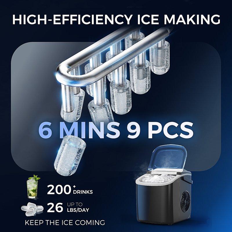 Simzlife 26 Lbs/24H Countertop Ice Maker Machine 9 Bullet-Shaped Ice In 6 Min Auto-Cleaning