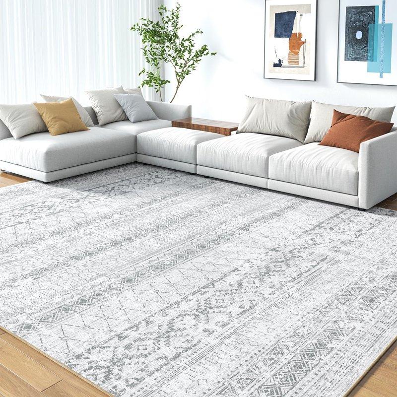 SIXHOME 5'x8' Area Rugs for Living Room Washable Rugs Boho Geometric Living Room Rug Moroccan Neutral Carpet Non Slip Soft Distressed Rugs for Bedroom Dining Room Office Modern Home Decor Gray