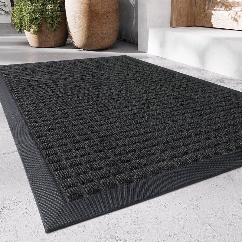 SIXHOME Outdoor Mat Non Slip Doormat 17"x30" Front Door Mat Outside Absorbent Rubber Welcome Mat Low Profile Dirt Trapper Indoor Outdoor Doormat Thicken Checker Entryway Rug Floor Mat Black