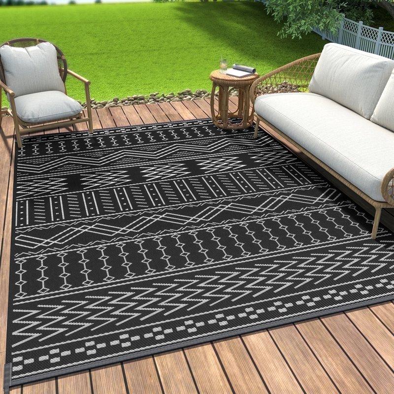 SIXHOME Outdoor Rug 5'x8' Waterproof Patio Rug Reversible Indoor Outdoor Rug Lightweight Plastic Straw Rug for RV Camping Deck Balcony Boho Porch Decor Dark Grey and White