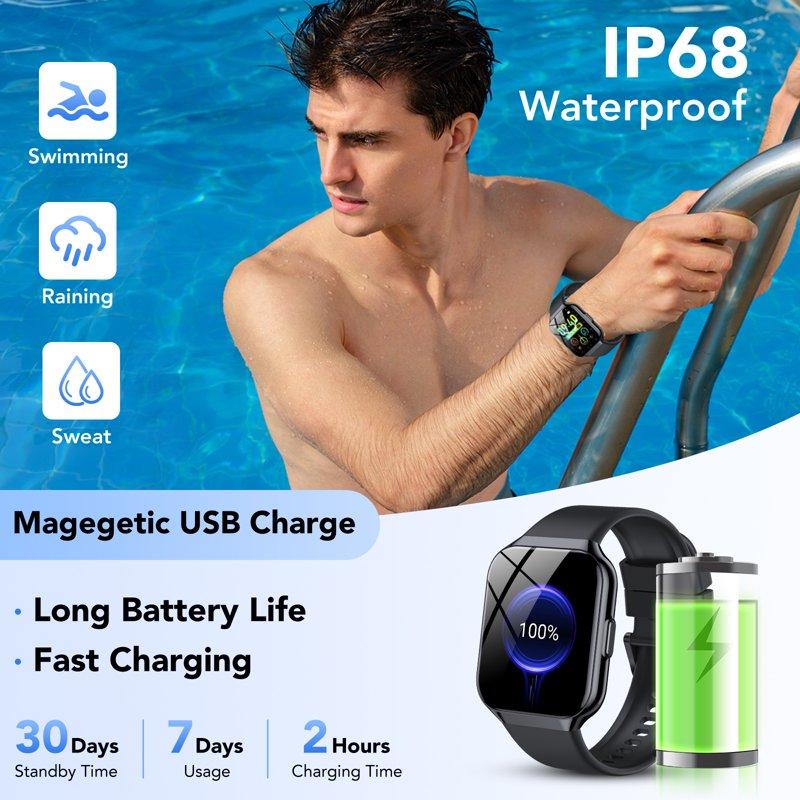 Smart Watch Fits For Android And IPhone 1.96'' Smartwatch For Men Women 110+ Sports Modes Fitness Tracker With Answer Make Calls/Message Reminder IP68 Waterproof For Gift (Black)