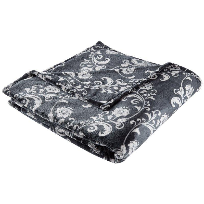 SoftLux Printed Luxury Velvet Plush Fleece Blanket Full/Queen 90" X90" Grey Floral Scroll