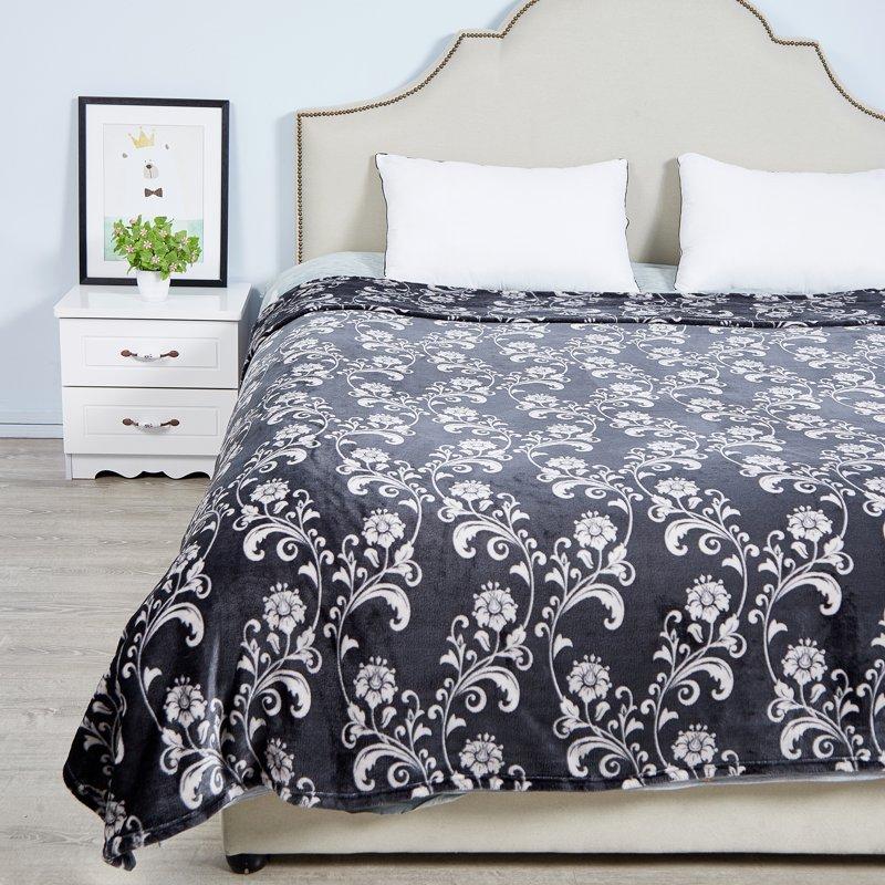 SoftLux Printed Luxury Velvet Plush Fleece Blanket Full/Queen 90" x90" Grey Floral Scroll
