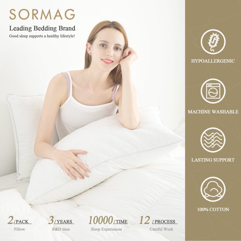 SORMAG Bed Pillows Queen Size Set Of 2 Pillows For Bed 2 Pack Cooling Hotel Collection Down Alternative Pillows 20 X 30 Inches