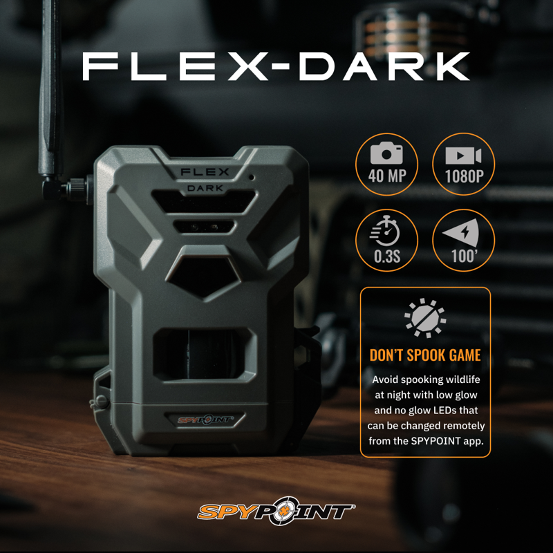 SPYPOINT Flex-Dark Cellular Trail Camera 40MP Photos And 1080p Videos W/Sound Double The Battery Capacity GPS-Enabled Dual-SIM LTE Connectivity 100' Flash & Detection Range 4 Capture Modes