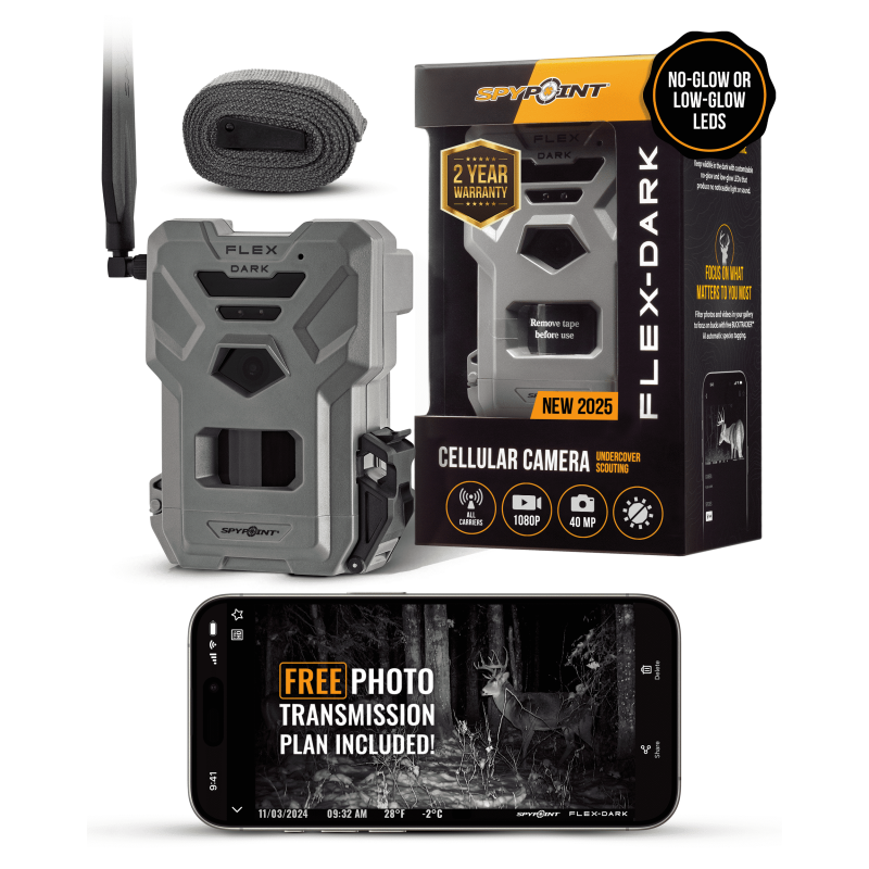 SPYPOINT Flex-Dark Cellular Trail Camera 40MP Photos and 1080p Videos w/Sound Double The Battery Capacity GPS-Enabled Dual-SIM LTE Connectivity 100' Flash & Detection Range 4 Capture Modes