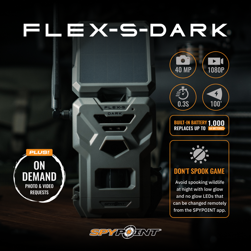 SPYPOINT Flex-S Dark Solar Outdoor Cellular Trail Camera - Integrated Solar Panel No WiFi Needed Night Vision Motion Activated Dual-Sim LTE 40MP Photos And 1080p W/Sound
