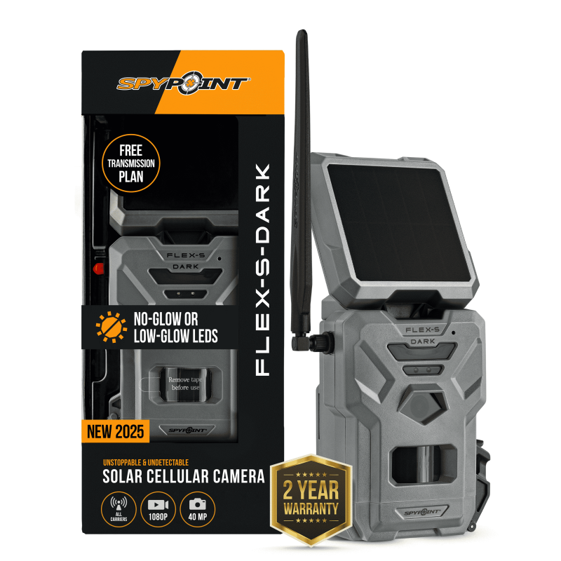 SPYPOINT Flex-S Dark Solar Outdoor Cellular Trail Camera - Integrated Solar Panel No WiFi Needed Night Vision Motion Activated Dual-Sim LTE 40MP Photos and 1080p w/Sound