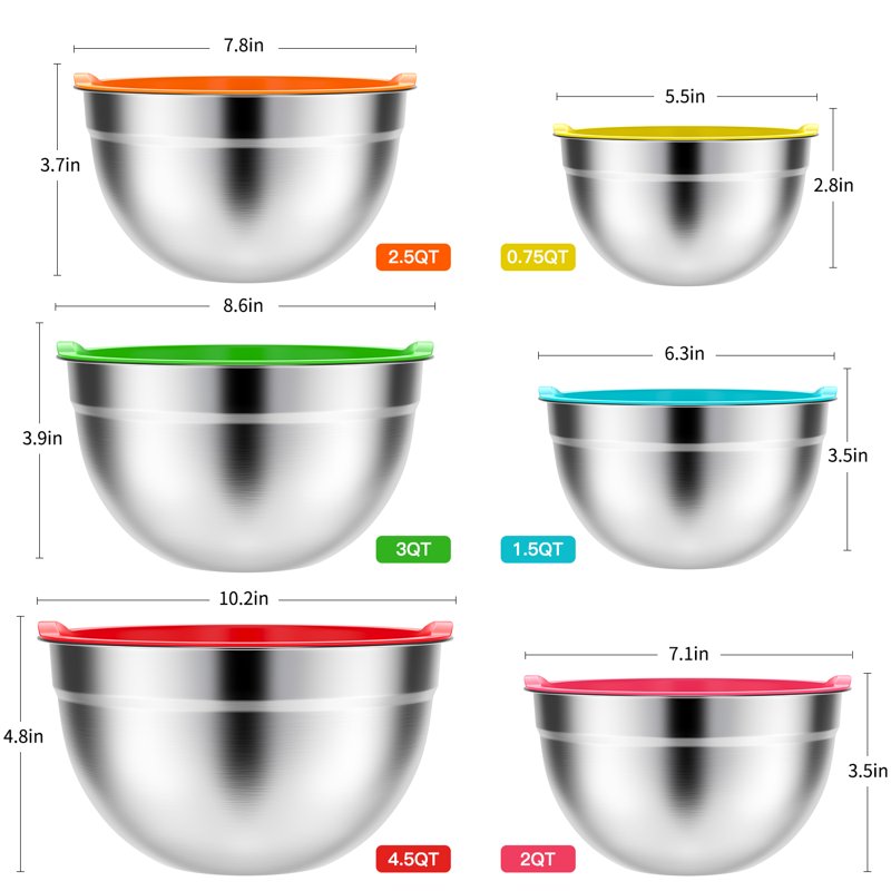 Stainless Steel Mixing Bowls Set TINANA 6 Pack Mixing Bowls With Lids Metal Nesting Storage Bowls For Kitchen 4.5/3/2.5/2/1.5/0.75QT Great For Prep Baking Serving Multicolor