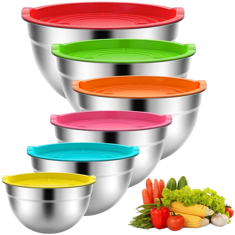 Stainless Steel Mixing Bowls Set TINANA 6 Pack Mixing Bowls with Lids Metal Nesting Storage Bowls for Kitchen 4.5/3/2.5/2/1.5/0.75QT Great for Prep Baking Serving Multicolor