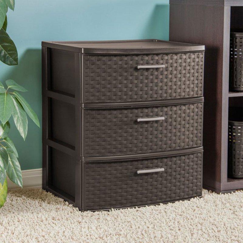 Sterilite 3 Drawer Wide Weave Tower Plastic Décor Drawers With Pull Handles Brown