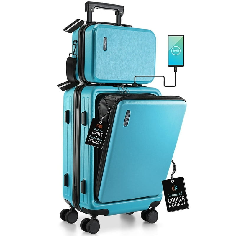 StorageBud 22" Hardside Carry On Luggage 22x14x9 Airline Approved And Expandable Luggage Front Pocket Luggage Set Spinner Suitcase Set Teal