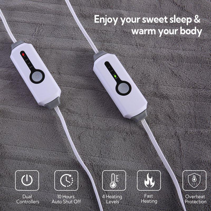 SUNNY HEAT Electric Mattress Pad Queen Size With Dual Control 4 Temperature 10H Auto-off Coral Fleece Grey