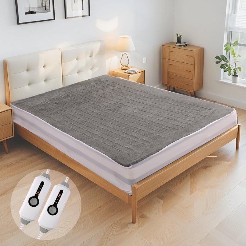SUNNY HEAT Electric Mattress Pad Queen Size with Dual Control 4 Temperature 10H Auto-off Coral Fleece Grey