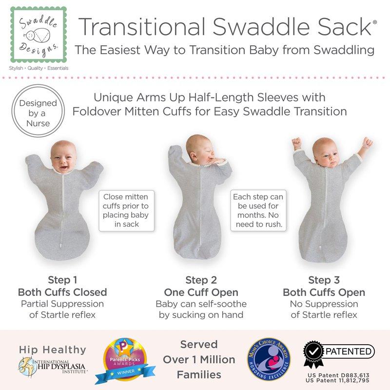 SwaddleDesigns Transitional Swaddle Sack With Arms Up Half-Length Sleeves And Mitten Cuffs Better Sleep For Baby Boy & Baby Girl Heathered Gray Small 0-3 Mo 6-14 Lbs