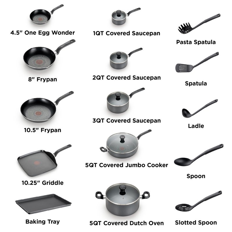 T-fal Easy Care 20 Piece Non-Stick Pots And Pans Cookware Set Grey