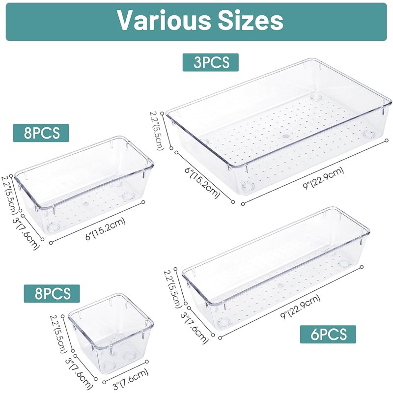 TAIMASI 25 Pcs Clear Plastic Drawer Organizer Set 4 Sizes Desk Drawer Divider Organizers And Storage Bins For Makeup Jewelry Gadgets For Kitchen Bedroom Bathroom Office