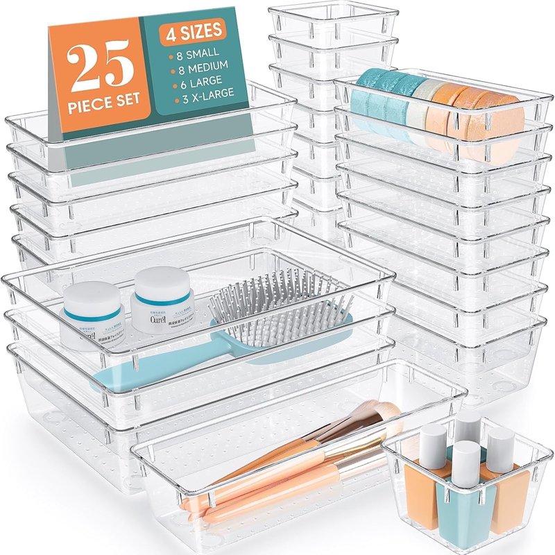 TAIMASI 25 Pcs Clear Plastic Drawer Organizer Set 4 Sizes Desk Drawer Divider Organizers and Storage Bins for Makeup Jewelry Gadgets for Kitchen Bedroom Bathroom Office
