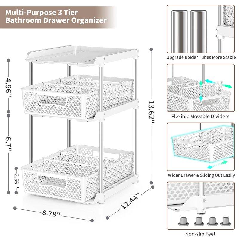 TAIMASI Pull-Out 3 Tier Bathroom Organizers And Storage Under Sink Organizer Kitchen Cabinet Organizer White 2 (Count)