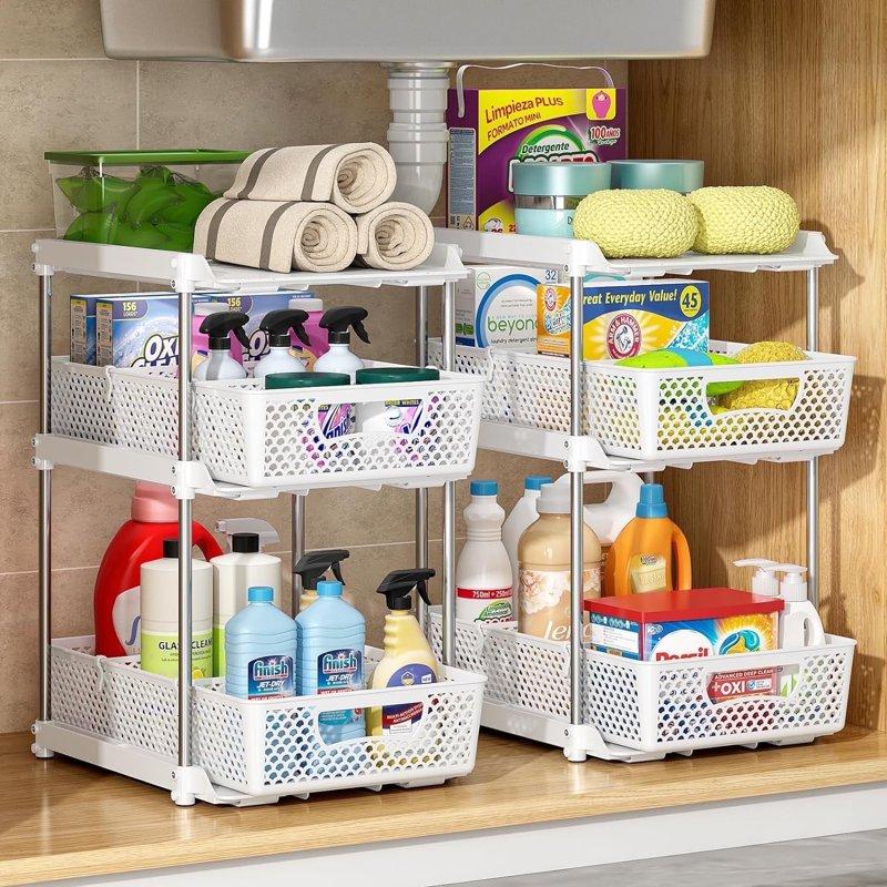 TAIMASI Pull-Out 3 Tier Bathroom Organizers and Storage Under Sink Organizer Kitchen Cabinet Organizer White 2 (Count)