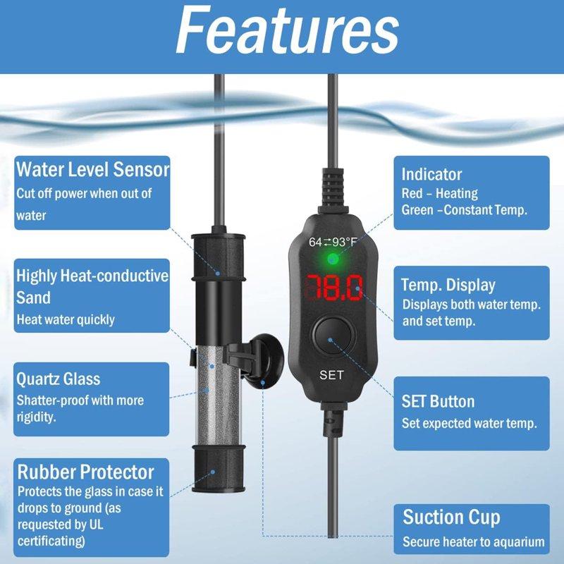 Tawatiler Aquarium Heater 25W Submersible Fish Tank Heater Super Short Aquarium Heater With LED Digital Display Thermostat For Freshwater And Saltwater Tank 3-5 Gallons