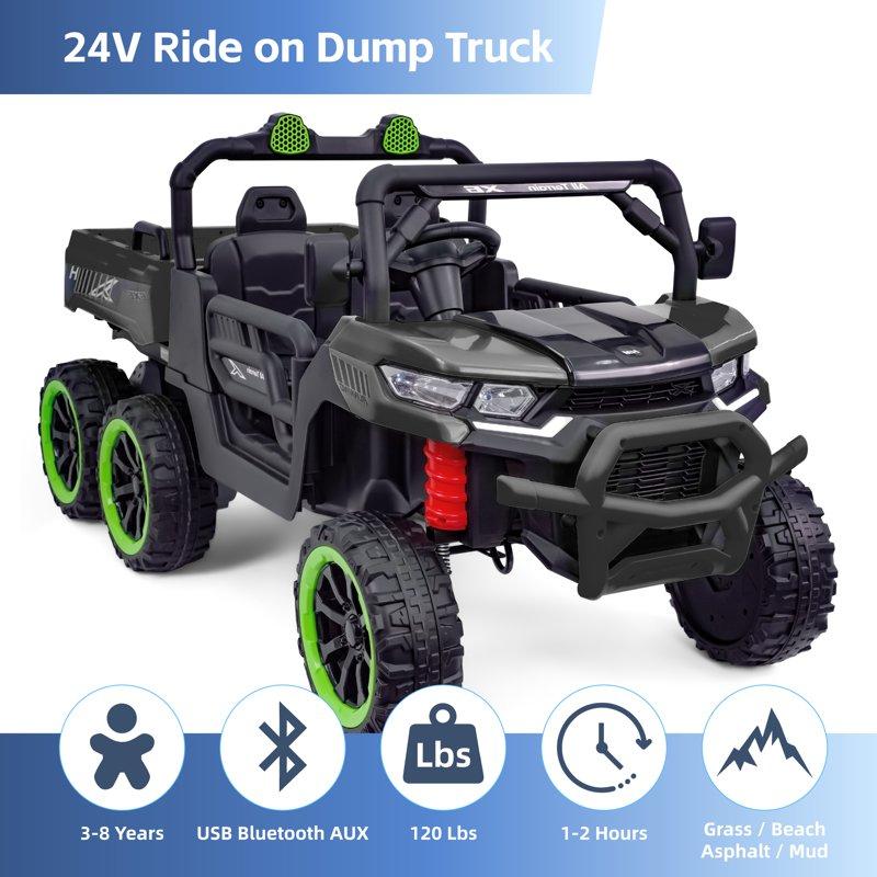 TCARAIWEN 24V 2-Seater Ride On Dump Truck Ride On Car Truck Ride On UTV W/ Ride On Toys W/ Dump Bed/Shovel LED Light Music Remote Control 6 Wheels 4WD Ride On Toys For Boys Girls (Ages 3+)Black