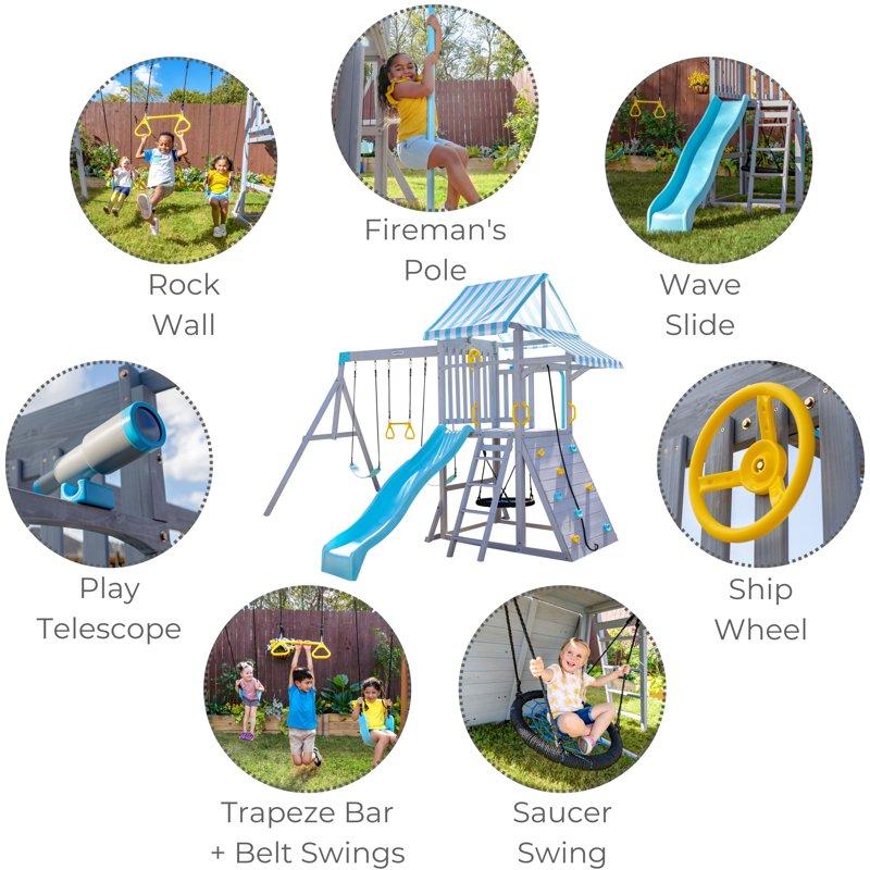 Teamson Kids Everett Plus Swing Set Playset With Platform & Rock Wall Gray