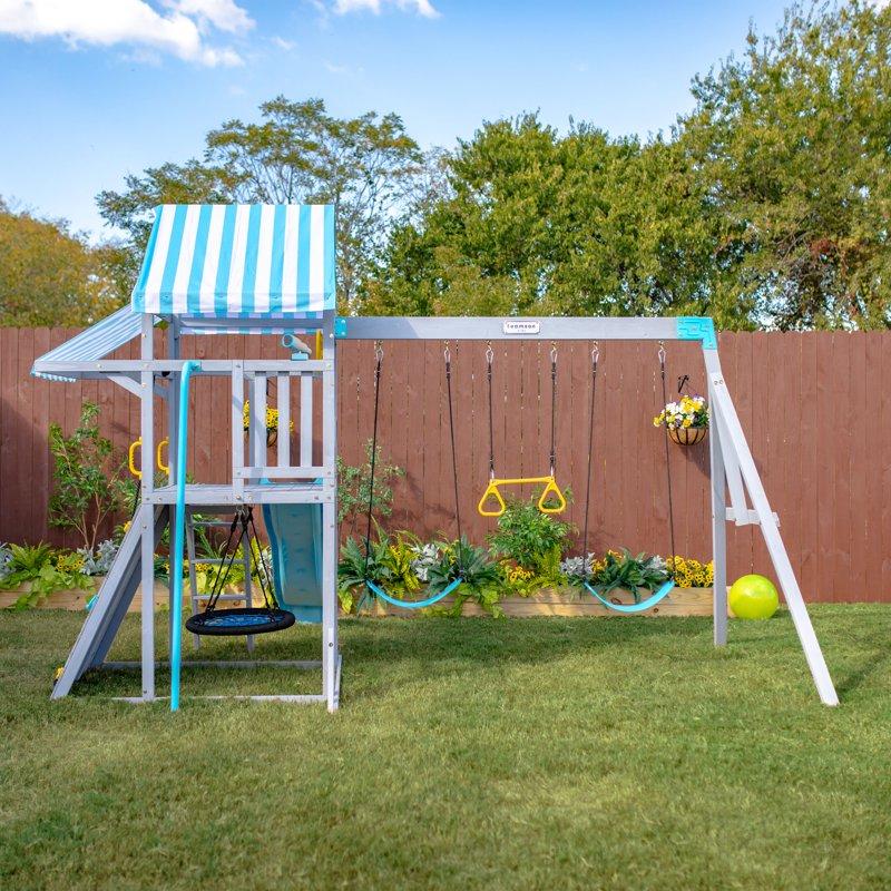 Teamson Kids Everett Plus Swing Set Playset With Platform & Rock Wall Gray