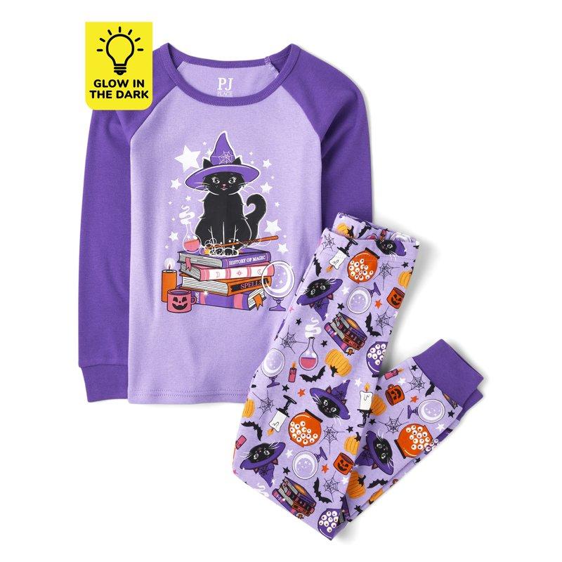 The Children's Place Baby Toddler & Girls Snug Fit Glow-in-the-Dark Cat Witch Cotton Pajamas Sizes 12M-16