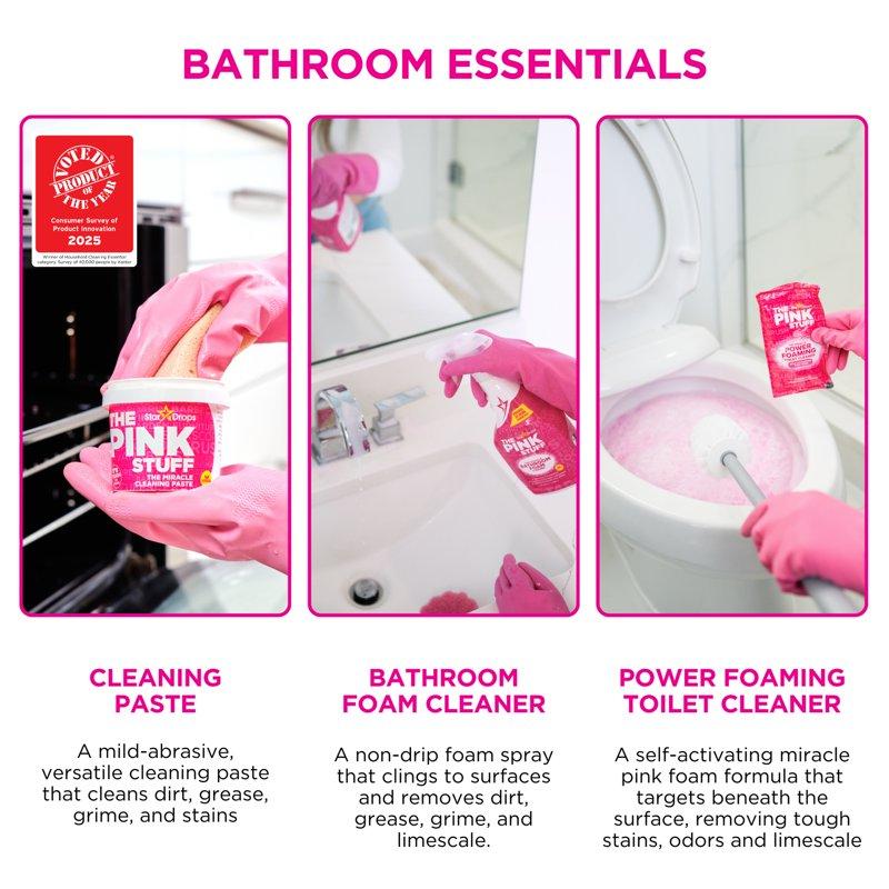 The Pink Stuff Bathroom Essential Bundle (1 Cleaning Paste 1 Bathroom Foaming Spray 1 Dual Sqeezy 1 3Ct Foaming Toilet Powder 1 3Ct Micro Cloths)