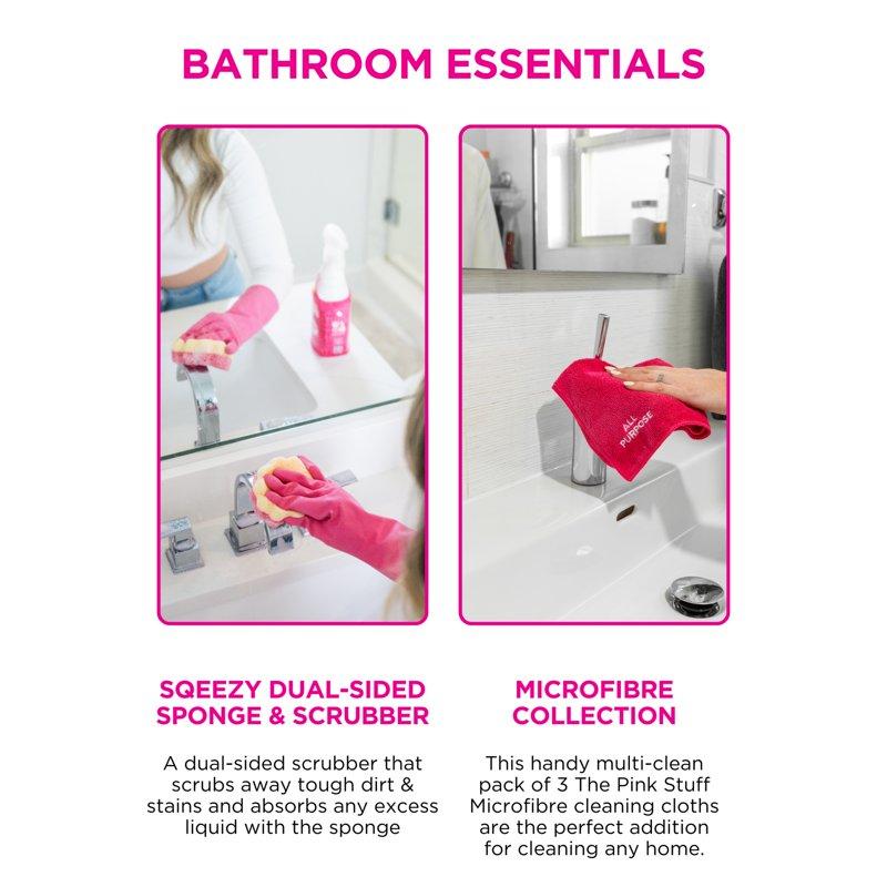 The Pink Stuff Bathroom Essential Bundle (1 Cleaning Paste 1 Bathroom Foaming Spray 1 Dual Sqeezy 1 3Ct Foaming Toilet Powder 1 3Ct Micro Cloths)