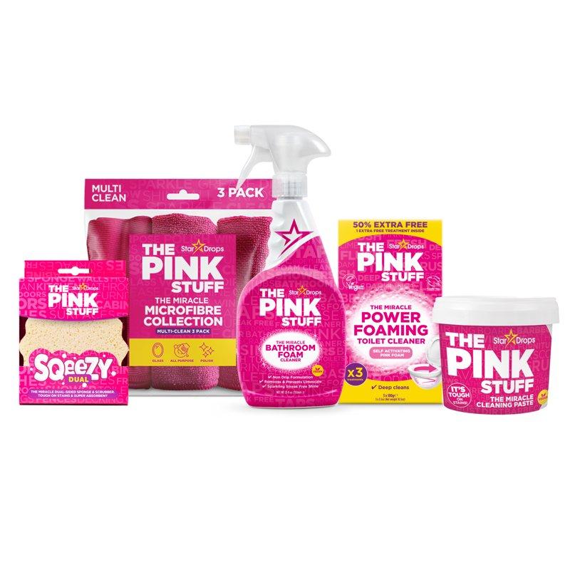 The Pink Stuff Bathroom Essential Bundle (1 Cleaning Paste 1 Bathroom Foaming Spray 1 Dual Sqeezy 1 3Ct Foaming Toilet Powder 1 3Ct Micro Cloths)