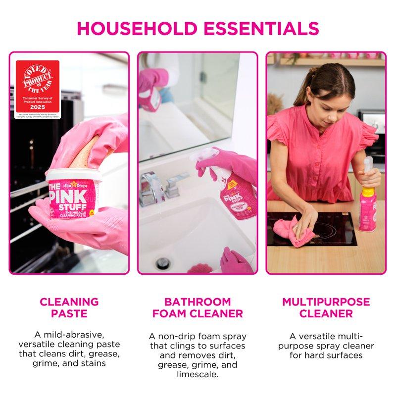 The Pink Stuff Household Essential Bundle (1 Cleaning Paste 1 Multipurpose Spray 1 Bathroom Foam Spray 1 Dual Sided Sqeezy 1 3Ct Micro Cloth)