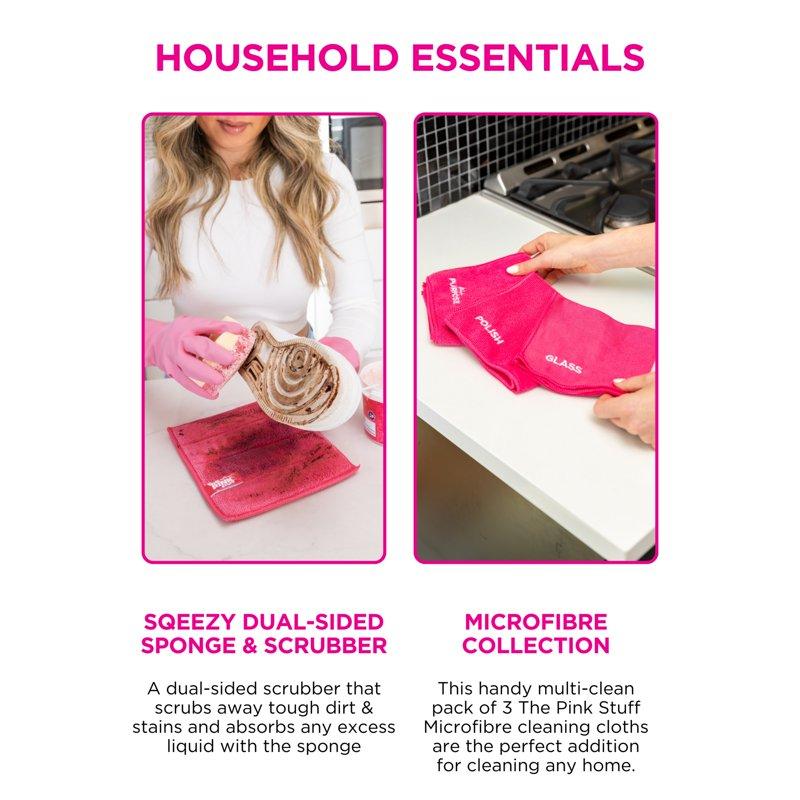 The Pink Stuff Household Essential Bundle (1 Cleaning Paste 1 Multipurpose Spray 1 Bathroom Foam Spray 1 Dual Sided Sqeezy 1 3Ct Micro Cloth)